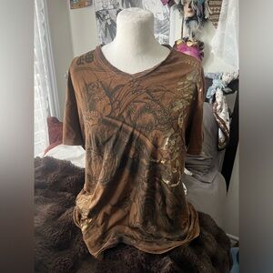 Affliction rare brown t shirt print y2k